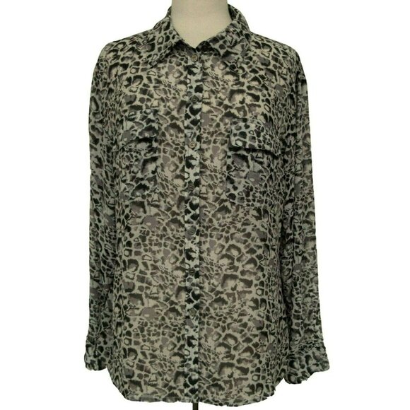 Two by Vince Camuto Cheetah Print Hi-Low Semi Sheer Long Sleeve Blouse Sz Large - Picture 1 of 7